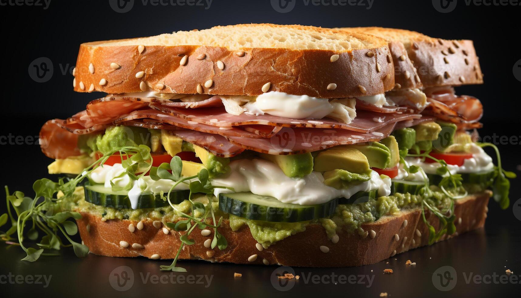 AI generated Grilled ciabatta sandwich fresh meat, tomato, and vegetables generated by AI photo