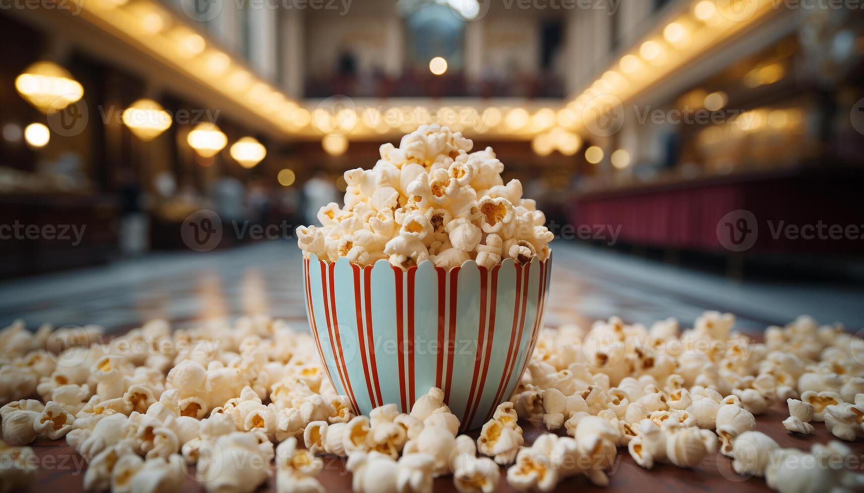 AI generated Watching a movie, snacking on popcorn in a striped seat generated by AI photo
