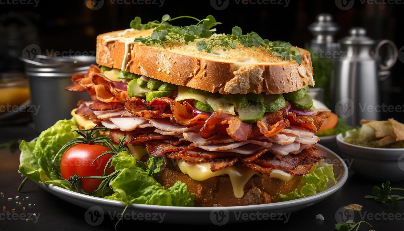 AI generated Grilled pork sandwich on ciabatta, fresh and ready to eat generated by AI photo