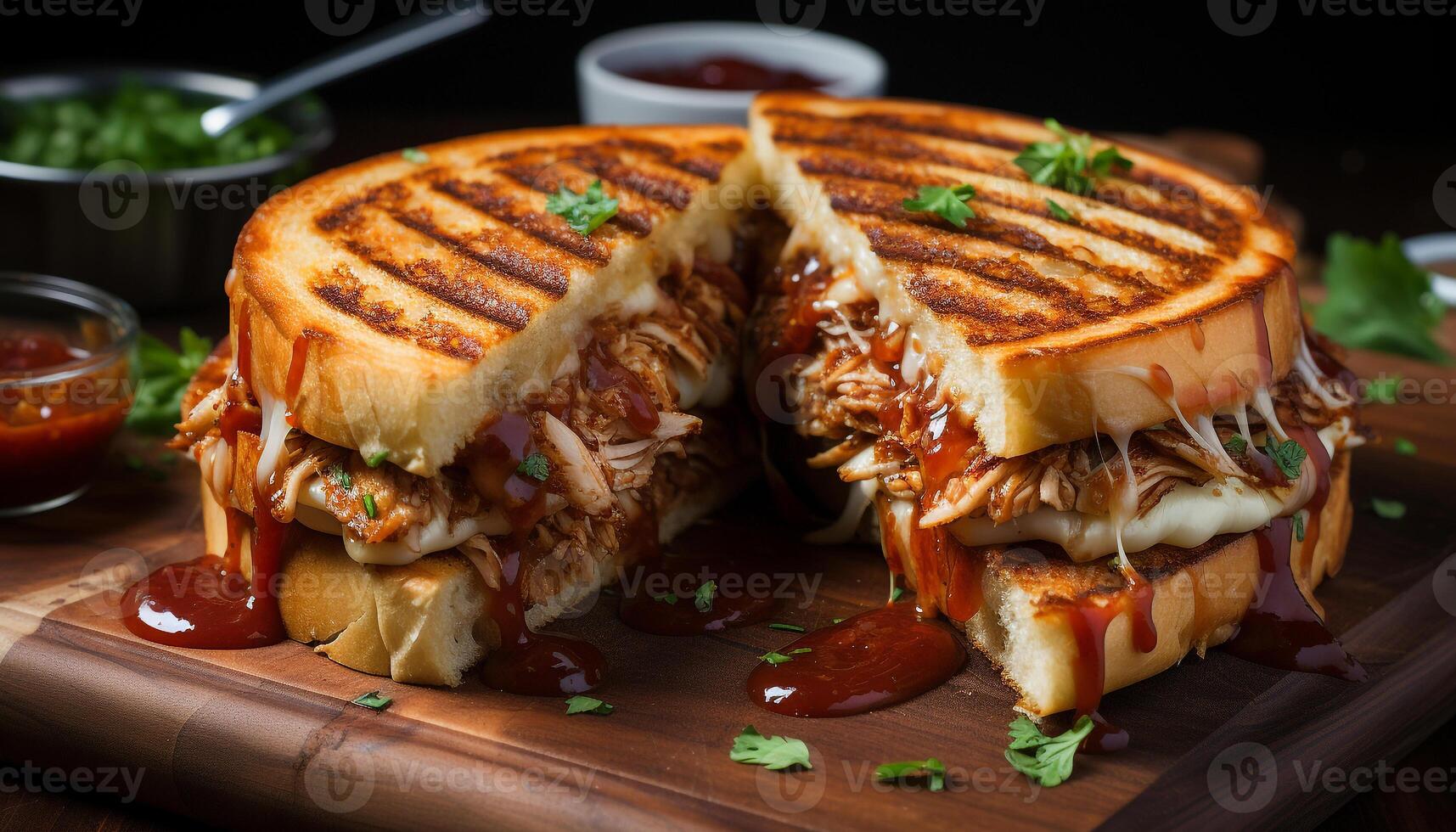 AI generated Grilled meat sandwich on toasted bread, ready to eat and delicious generated by AI photo