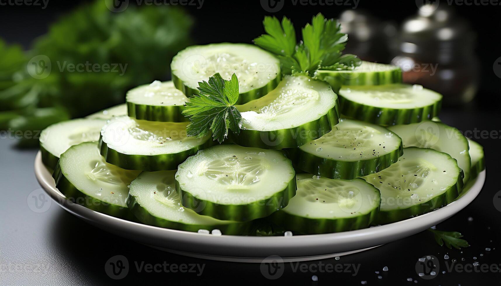 AI generated Fresh cucumber slices on a green salad, a healthy vegetarian meal generated by AI photo