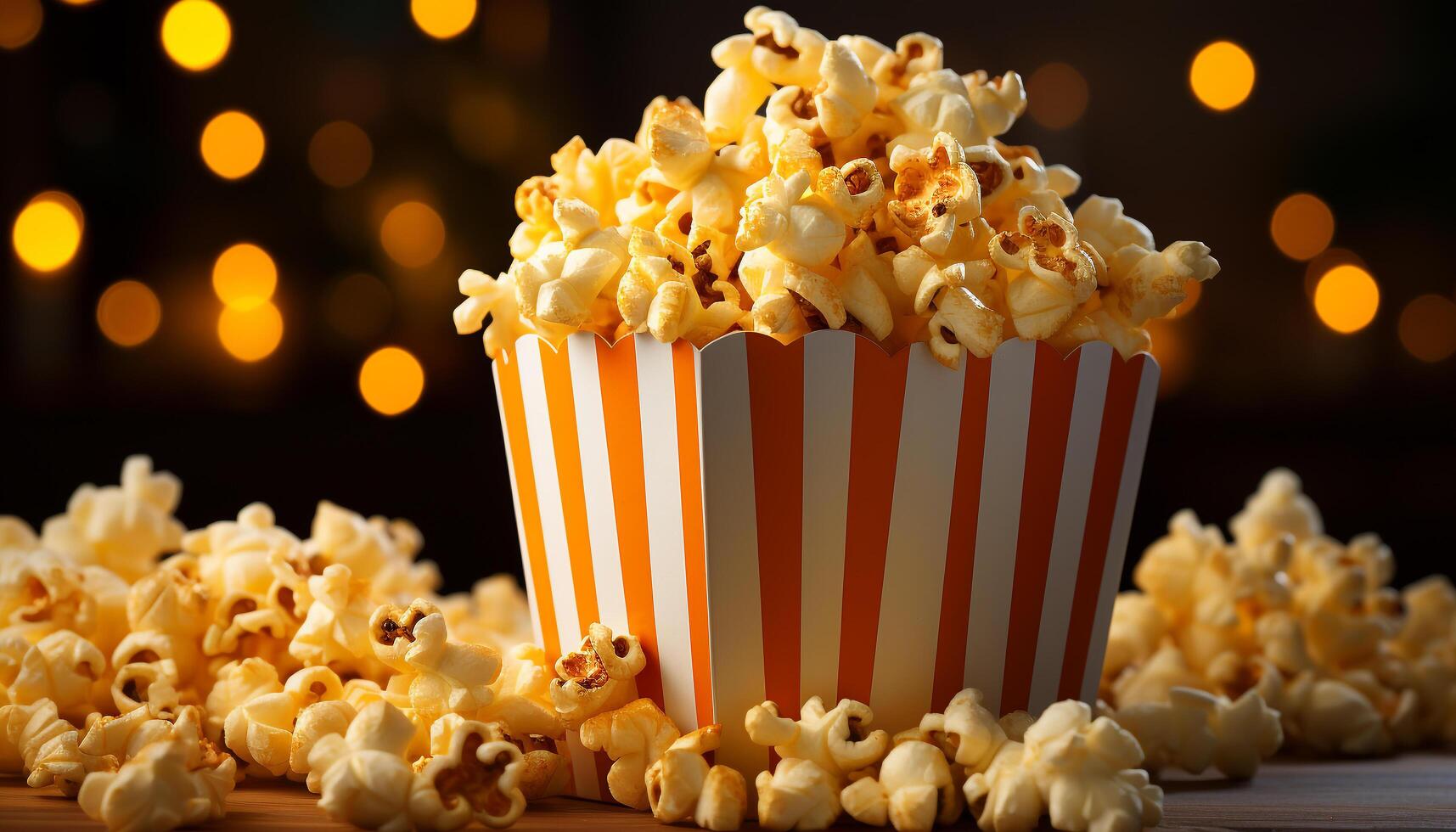 AI generated Watching a movie, snacking on fresh popcorn in a yellow bucket generated by AI photo