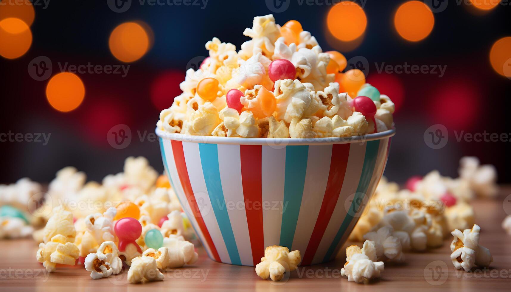 AI generated Fluffy corn stack, sweet candy bowl, movie theater refreshment generated by AI photo