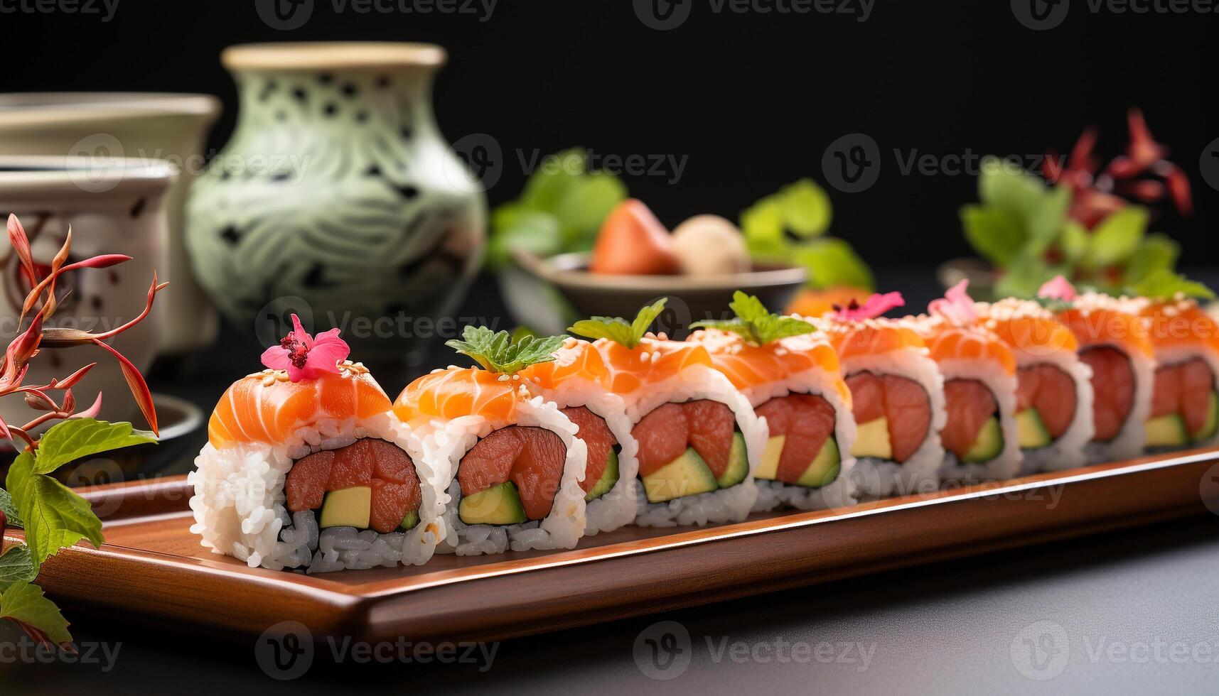 ai generado frescura y culturas en un plato Sushi, sashimi, Mariscos deleite generado por ai foto