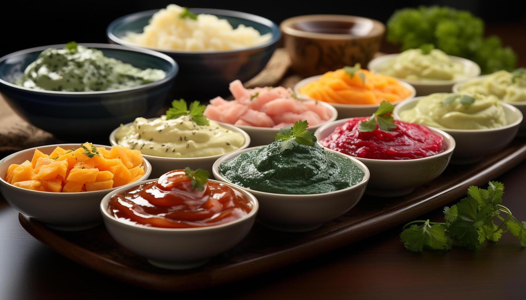 AI generated Fresh guacamole dip served in a wooden bowl with cilantro generated by AI photo