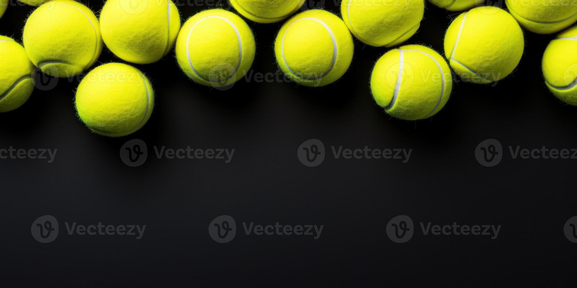 AI Generated Tennis Ball Pile on Black Background with Copy Space. Lots Of Sports Equipment. Exercise and Recreation Concept photo