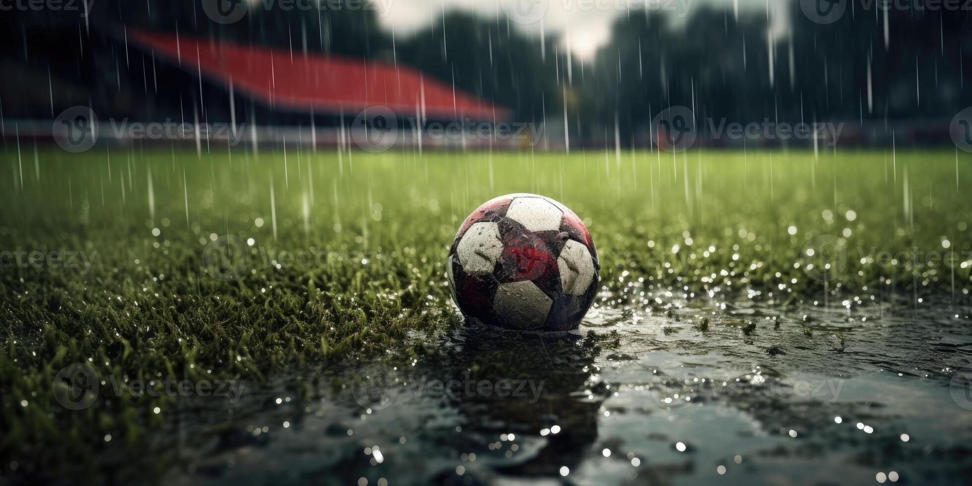 ai generado gotas de lluvia que cae en fútbol pelota en un empapado campo. fútbol pelota en mojado césped campo durante lluvia en estadio. generativo ai foto