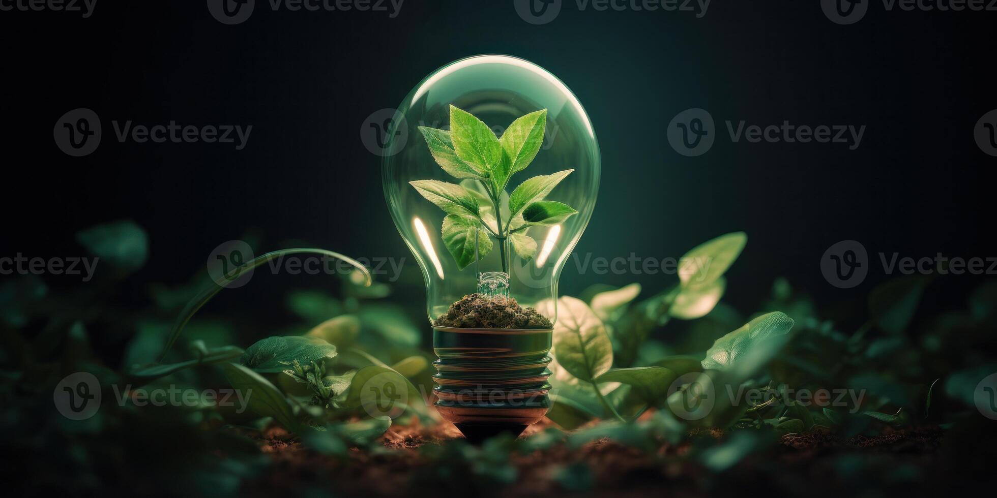 AI Generated Eco Energy Concept, Plant Growing In Light Bulb. Sustainable Renewable Power. Eco Innovation. Generative AI photo