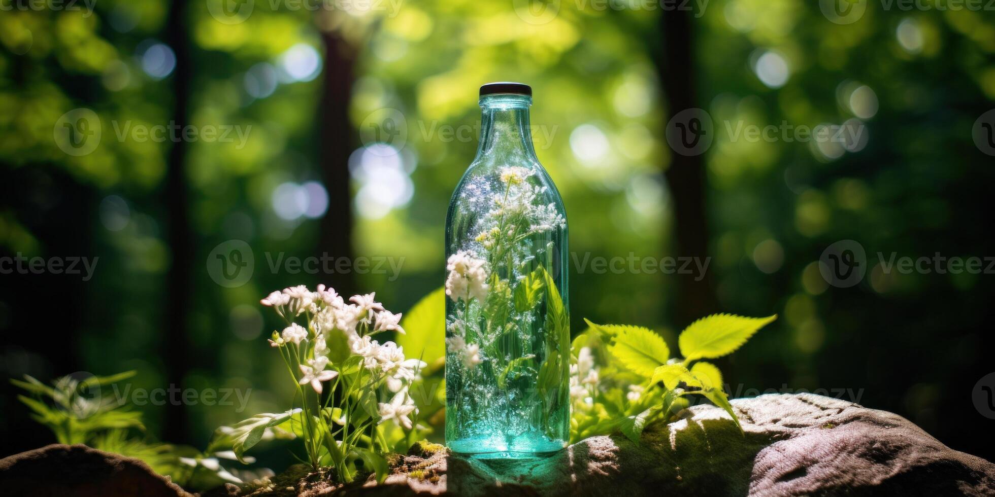 AI Generated Glass Bottle With White Flowers In A Lush Forest. Save Nature Concept. Generative AI photo