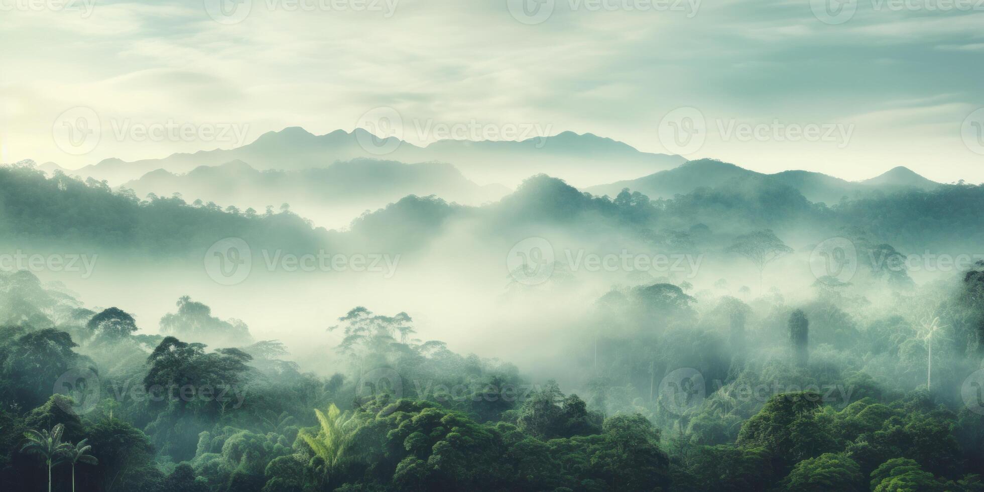 AI Generated Morning Mist Over The Green Lush. Trees In Mountainous Tropical Rainforest. Mountain Jungle At Dawn. Generative AI photo