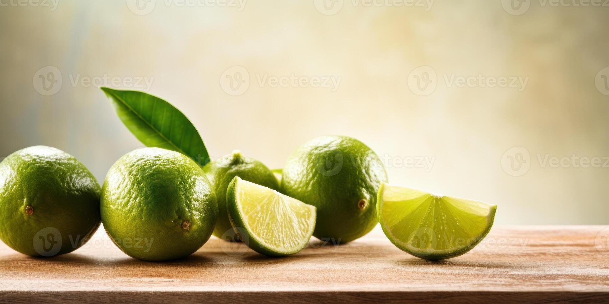 AI Generated Fresh Limes on a Wooden Table. Citrous Freshness. Green Sour Fruits. Generative AI photo