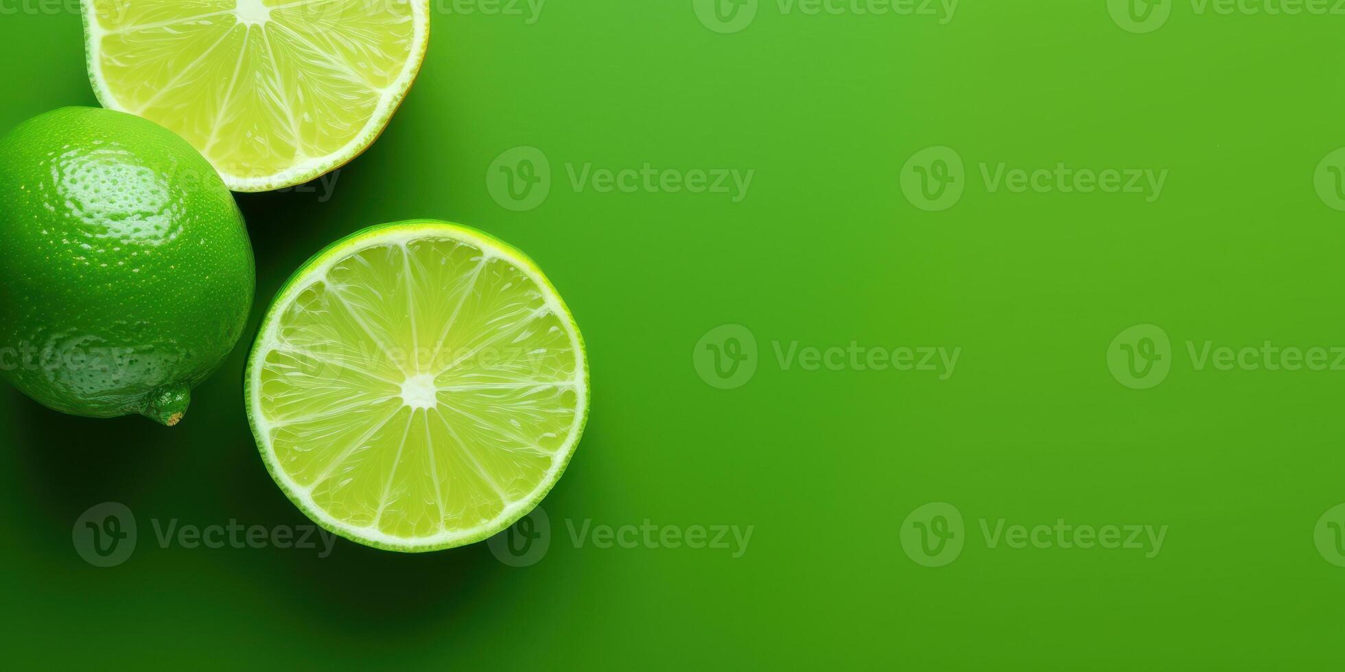 AI Generated Whole and Sliced Limes on Green Background with Copy Space. Generative AI photo