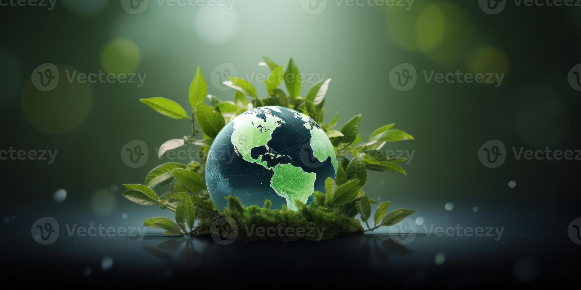 AI Generated Nature Conservation. Green Leaves Around Planet Earth. Sustainability Concept. Generative AI photo