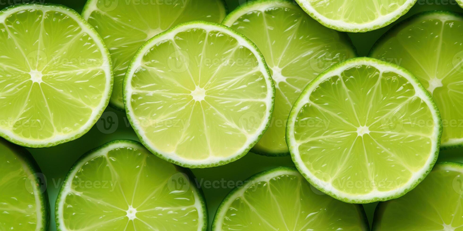 AI Generated Pattern of Fresh Lime Slices, Closeup with Juicy Texture. Citrus Fruits Background. Lemon Pieces. Generative AI photo