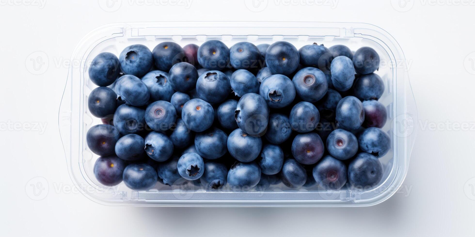 AI Generated Ripe Blueberries in Transparent Plastic Container on White Background. Fresh Berry Pack, Bilberry Package. Generative AI photo