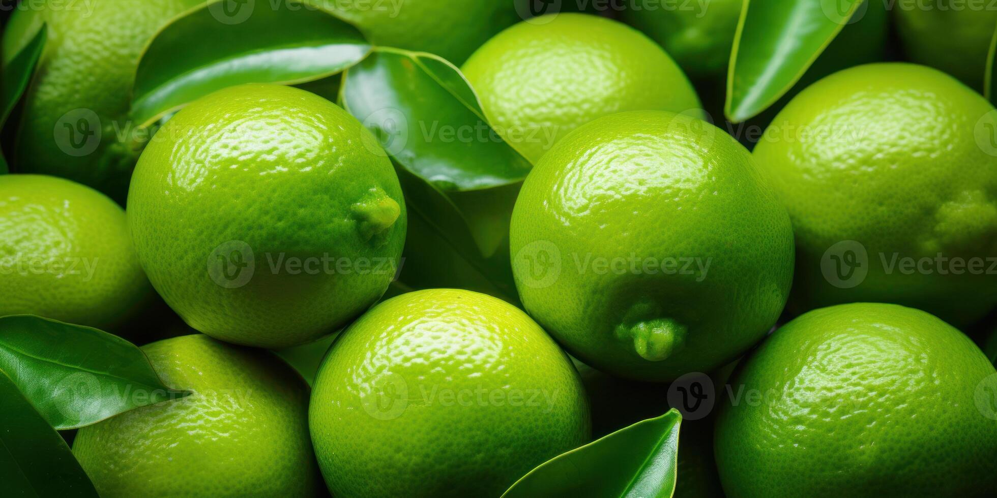 AI Generated Pile of Fresh Limes with Green Leaves Closeup. Generative AI photo