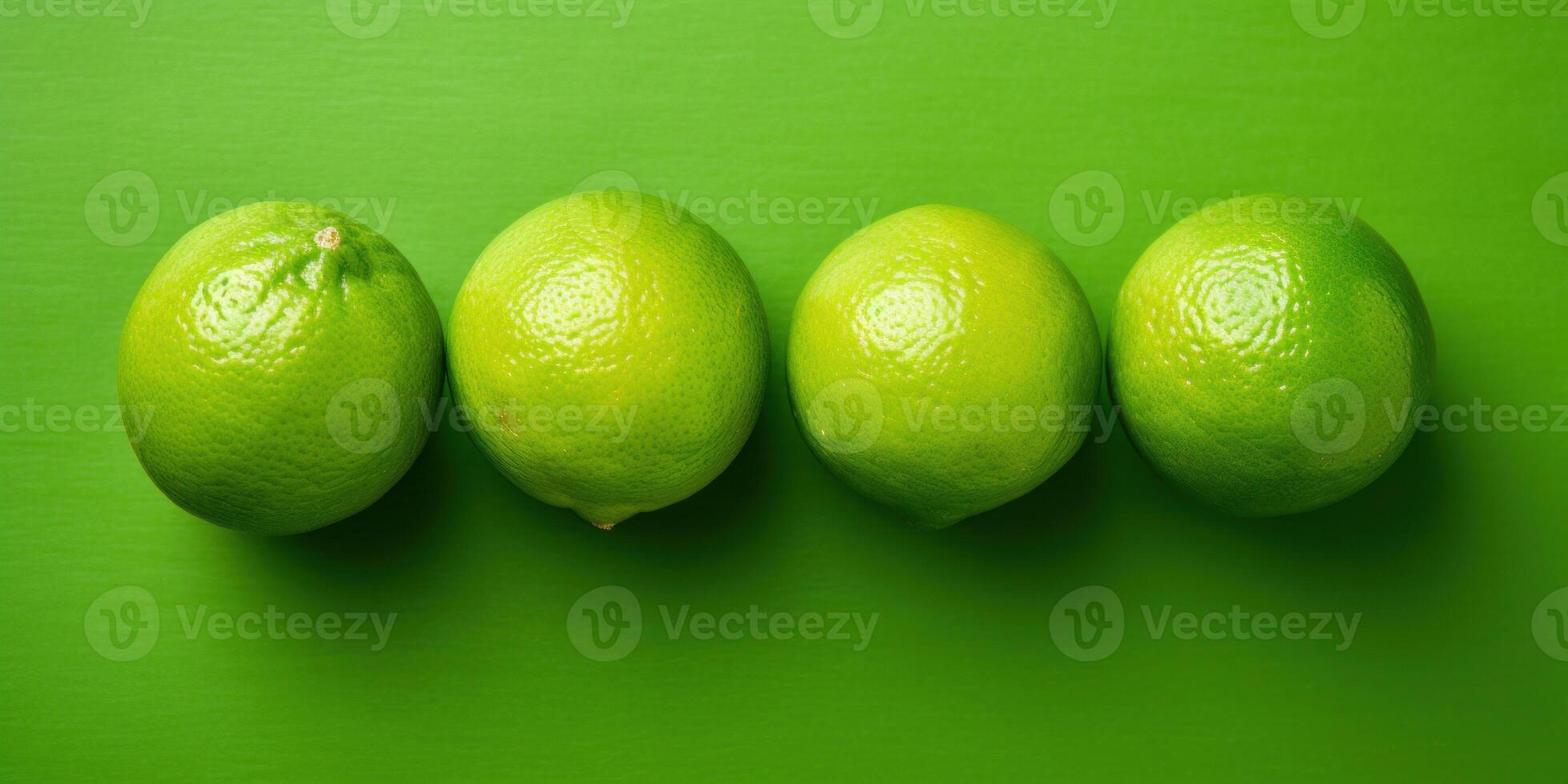 AI Generated Top View of Fresh Limes on Green Minimalist Background. Juicy Citrous Refreshment. Citrus Natural Fruit. Generative AI photo