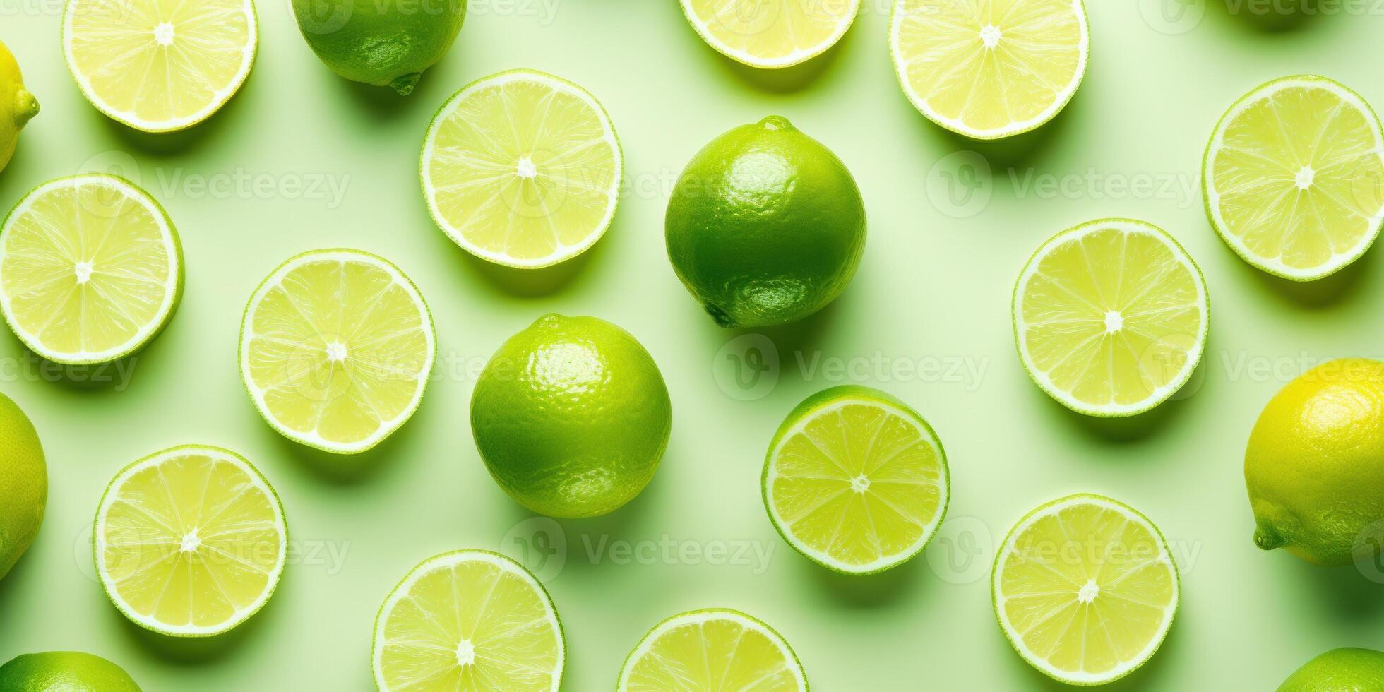 AI Generated Scattered Whole and Sliced Limes on a Light Green Background. Top View of Citrus Fruits. Generative AI photo