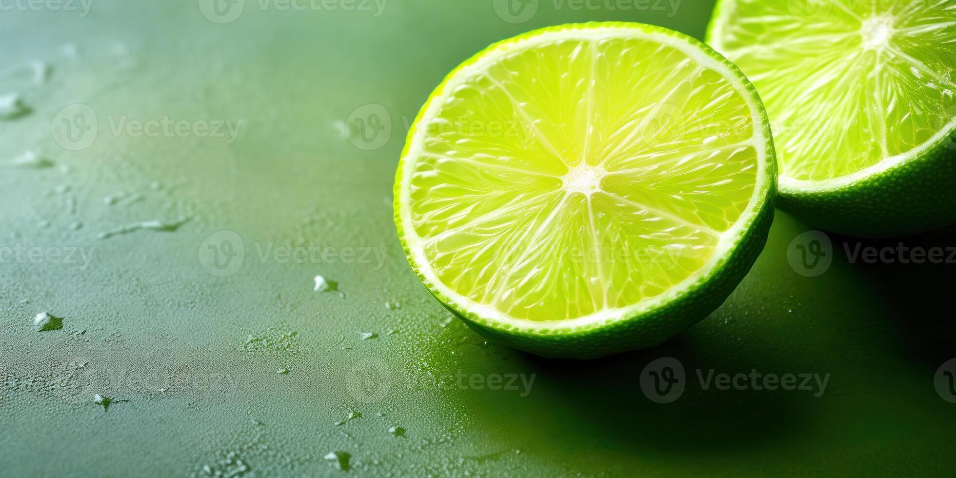 ai generado rebanado Lima mitades con agua gotas en oscuro verde antecedentes. generativo ai foto