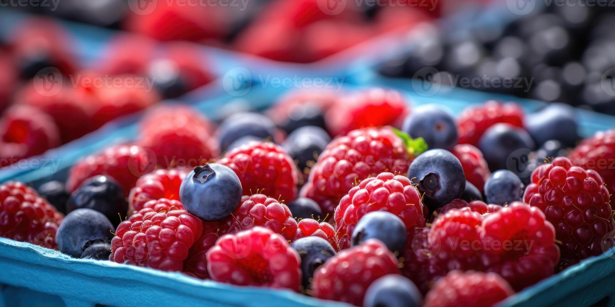 AI Generated Mixed Berries in Blue Carton. Blueberries and Raspberries Pile. Healthy Vegetarian Nutrition. Generative AI photo