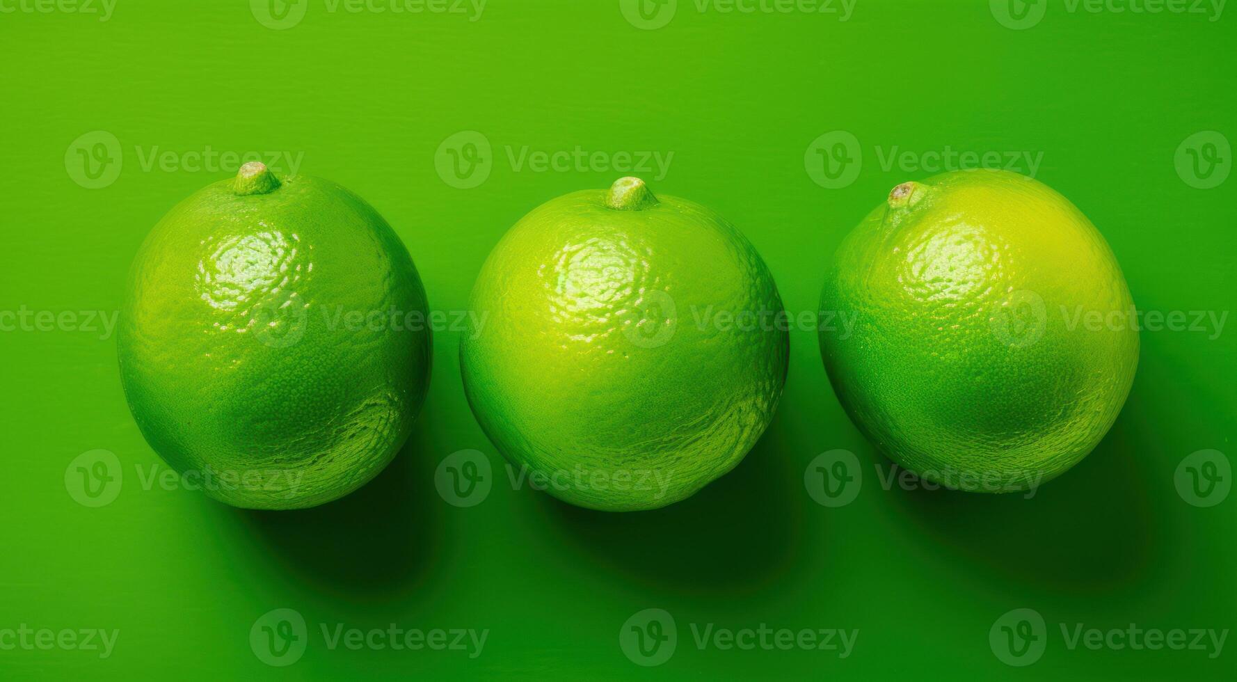 AI Generated Top View of Three Fresh Limes on Vibrant Green Background. Organic Citrus Fruit. Generative AI photo