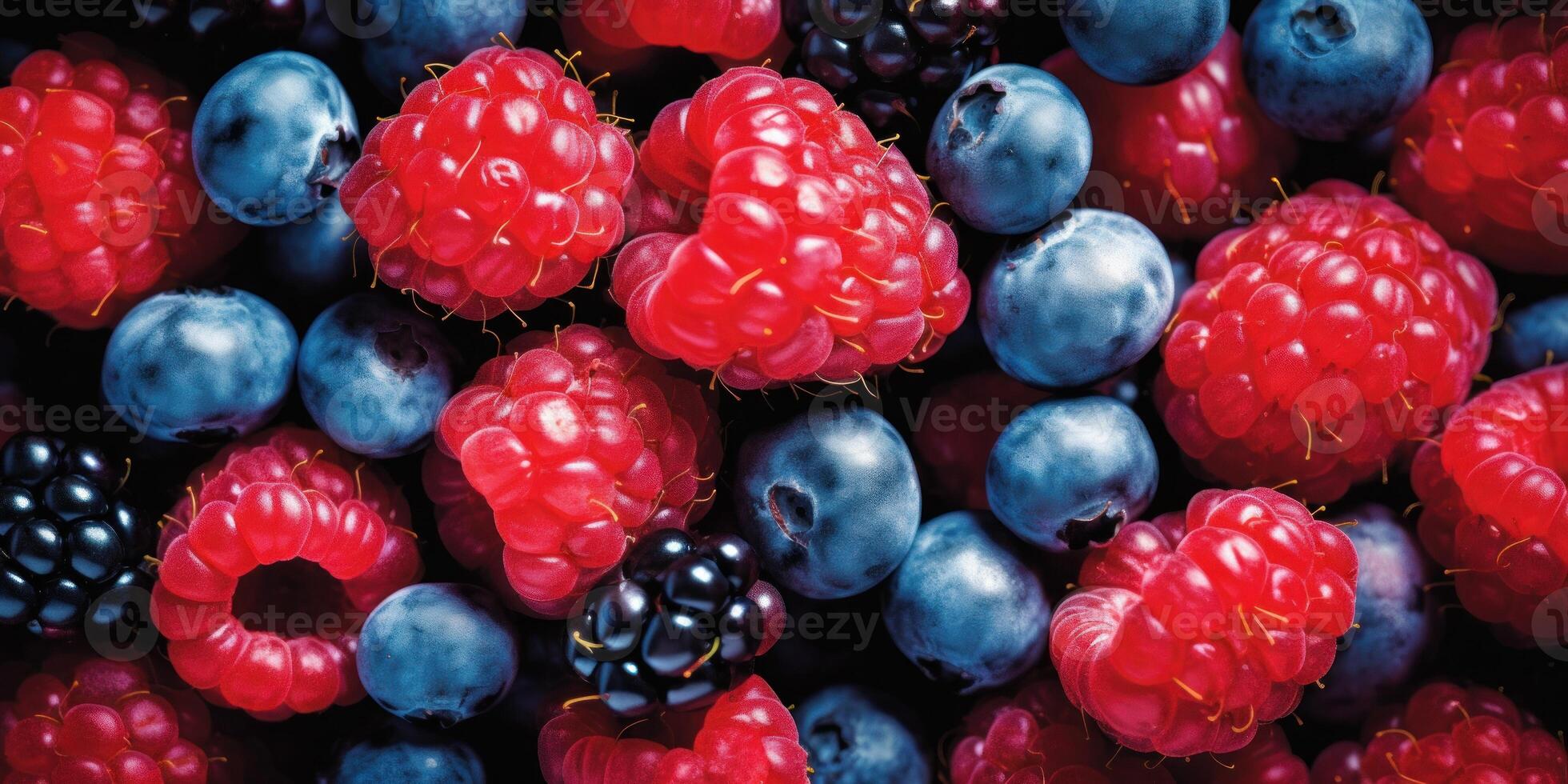 AI Generated Closeup of Fresh Berries with Blueberries and Raspberries. Vegetarian Nourishment. Generative AI photo