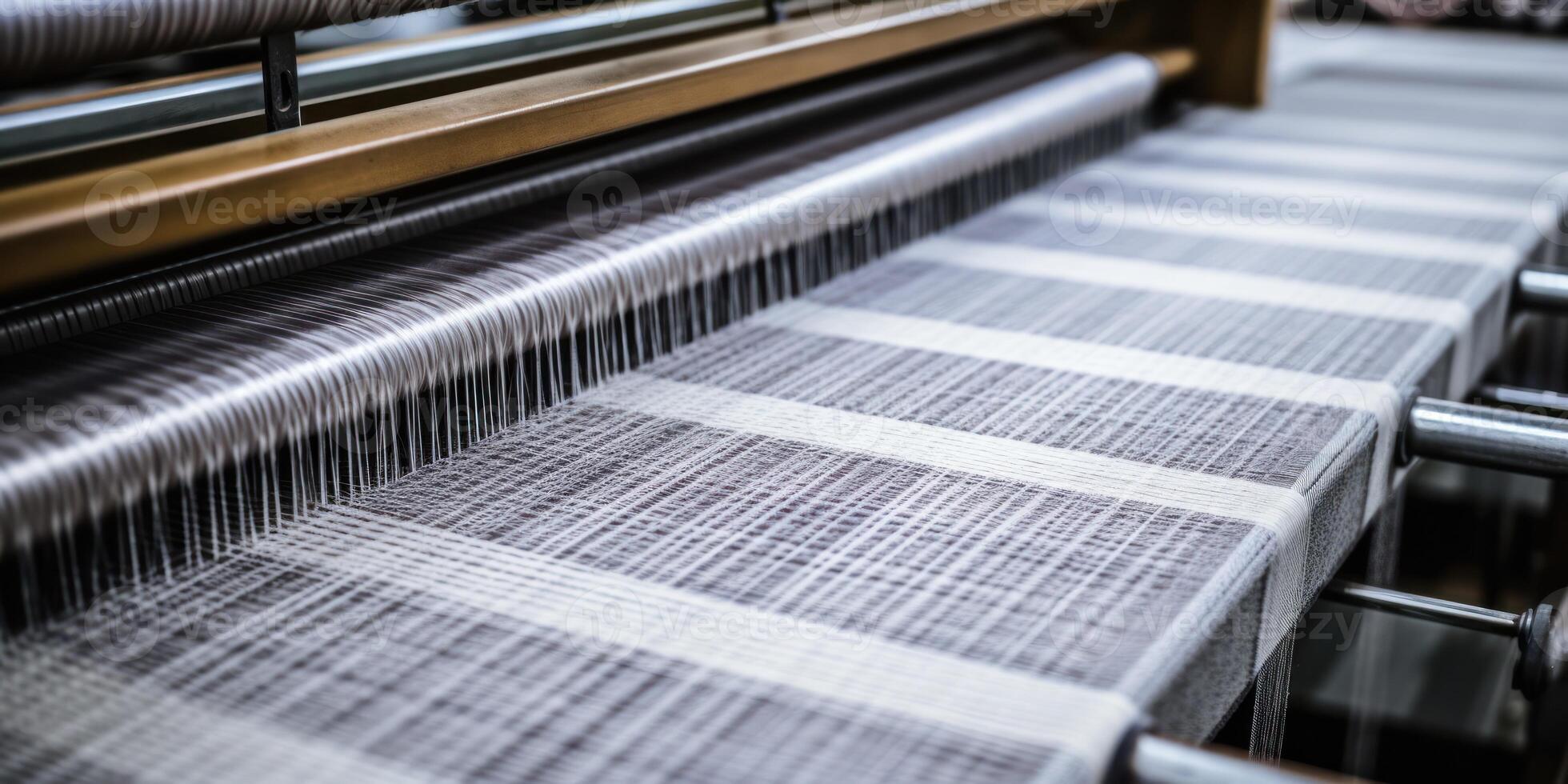 AI Generated Industrial Loom Producing Grey Fabric. Textile Industry. Silk Production. Generative AI photo