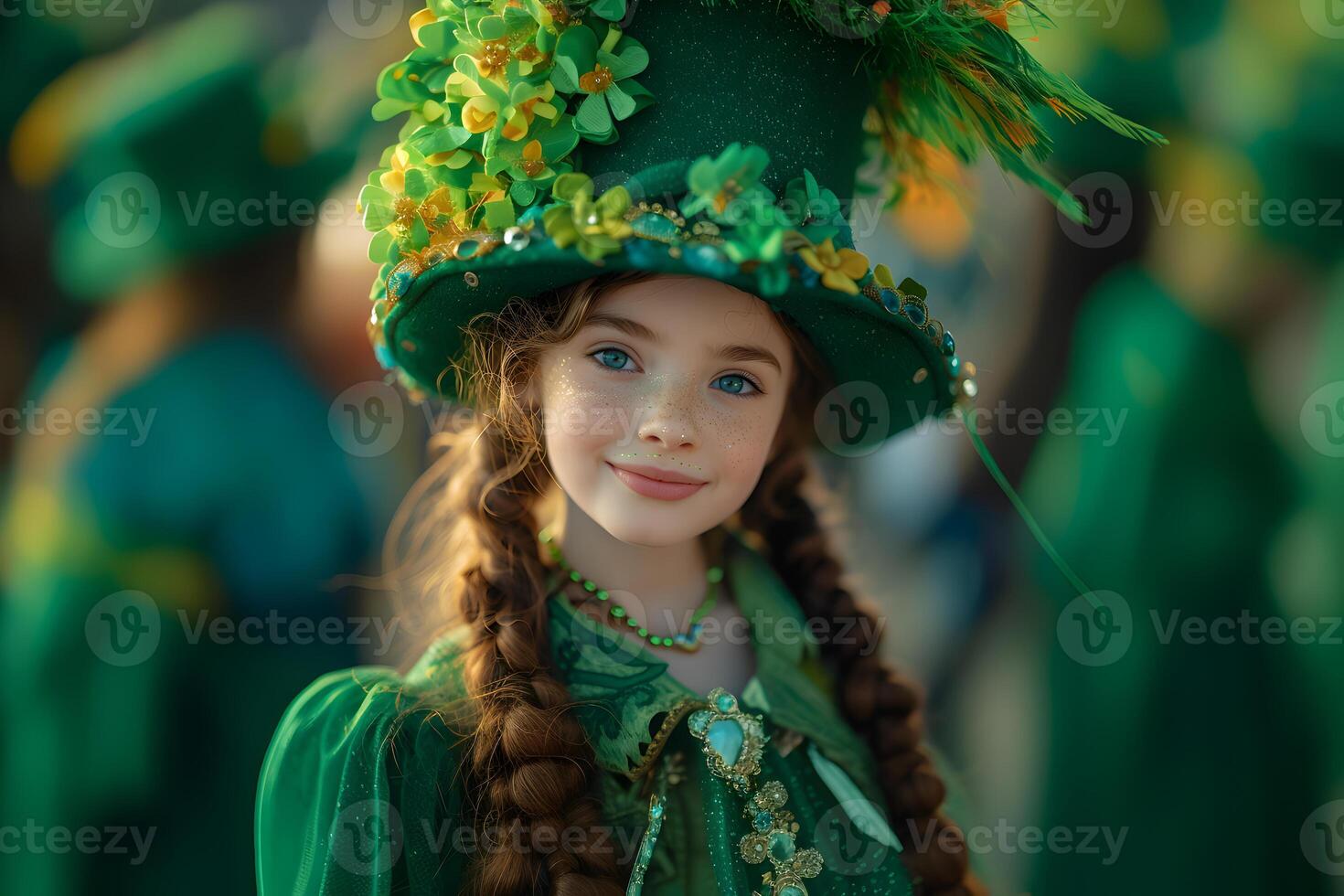 AI generated A little girl wearing The Saint Patrick's day costume, celebrating the carnival in honor of the national Irish holiday, Ireland festival on blurred background. St. Patrick's Day concept. photo