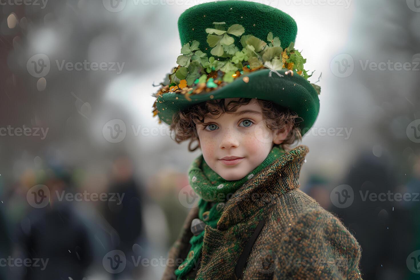 AI generated A boy wearing a The Saint Patrick's day costume, celebrating the carnival in honor of the national Irish holiday, Ireland festival on blurred background. St. Patrick's Day concept. photo