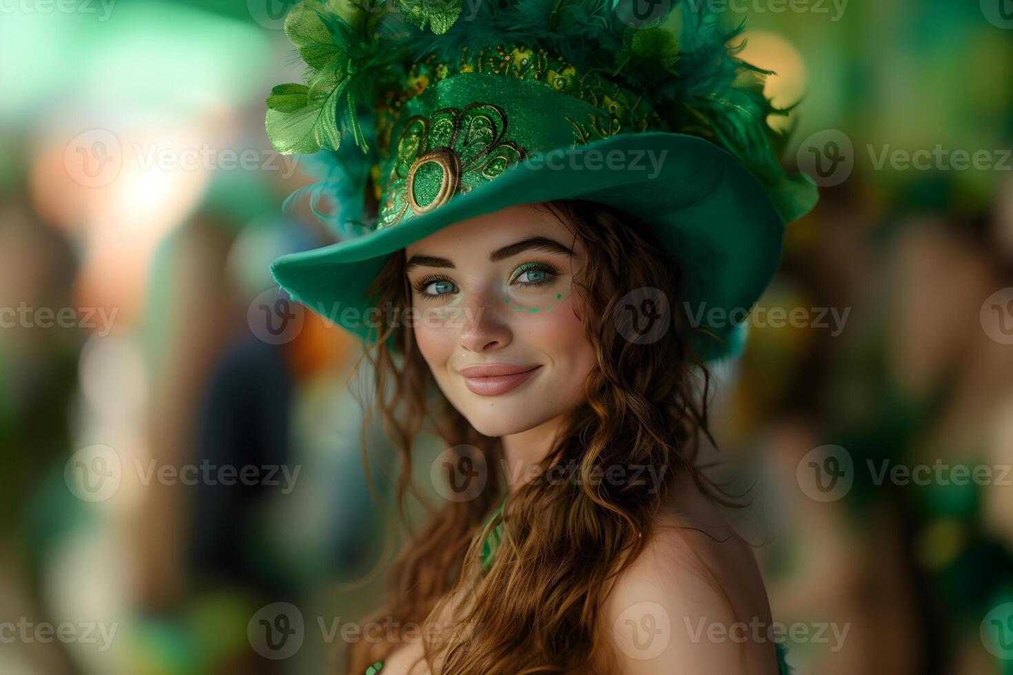 AI generated A young woman in The Saint Patrick's day costume, celebrating the carnival in honor of national Irish holiday, Ireland festival on blurred background. St. Patrick's Day concept. photo