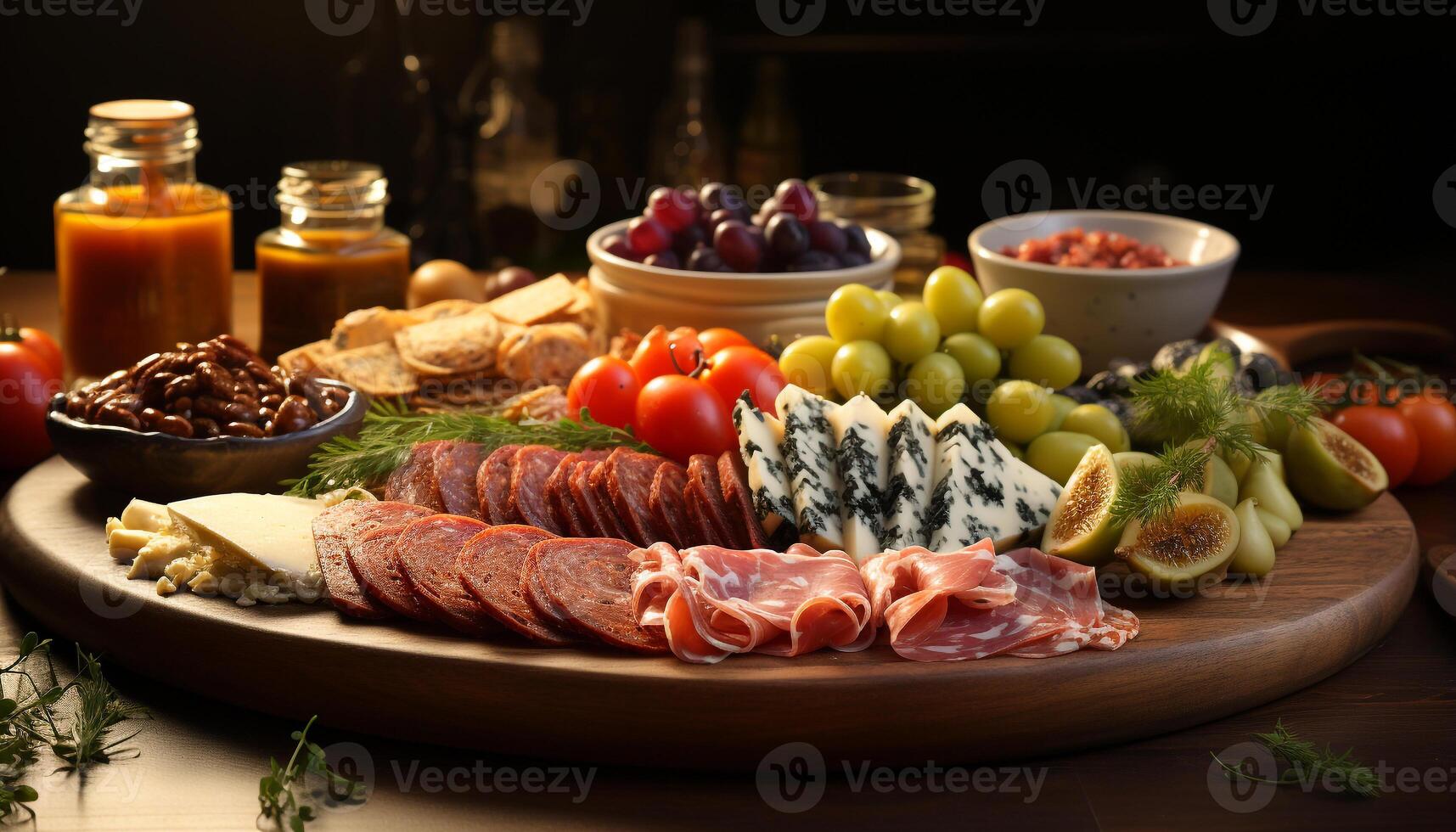 AI generated Freshness on a rustic plate gourmet prosciutto, smoked bacon, and ciabatta generated by AI photo