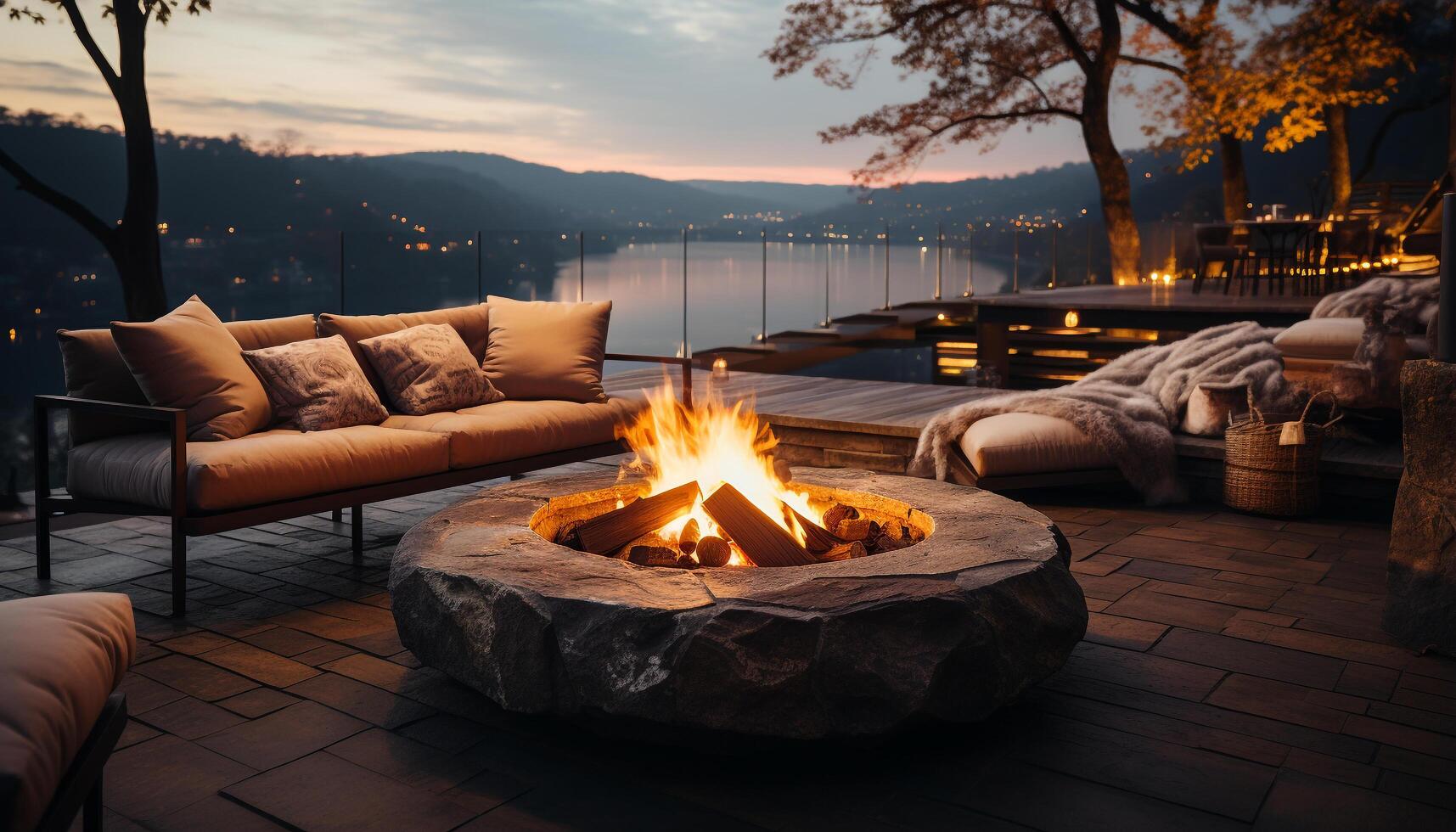 AI generated Cozy campfire illuminates tranquil outdoor landscape, providing warmth and relaxation generated by AI photo