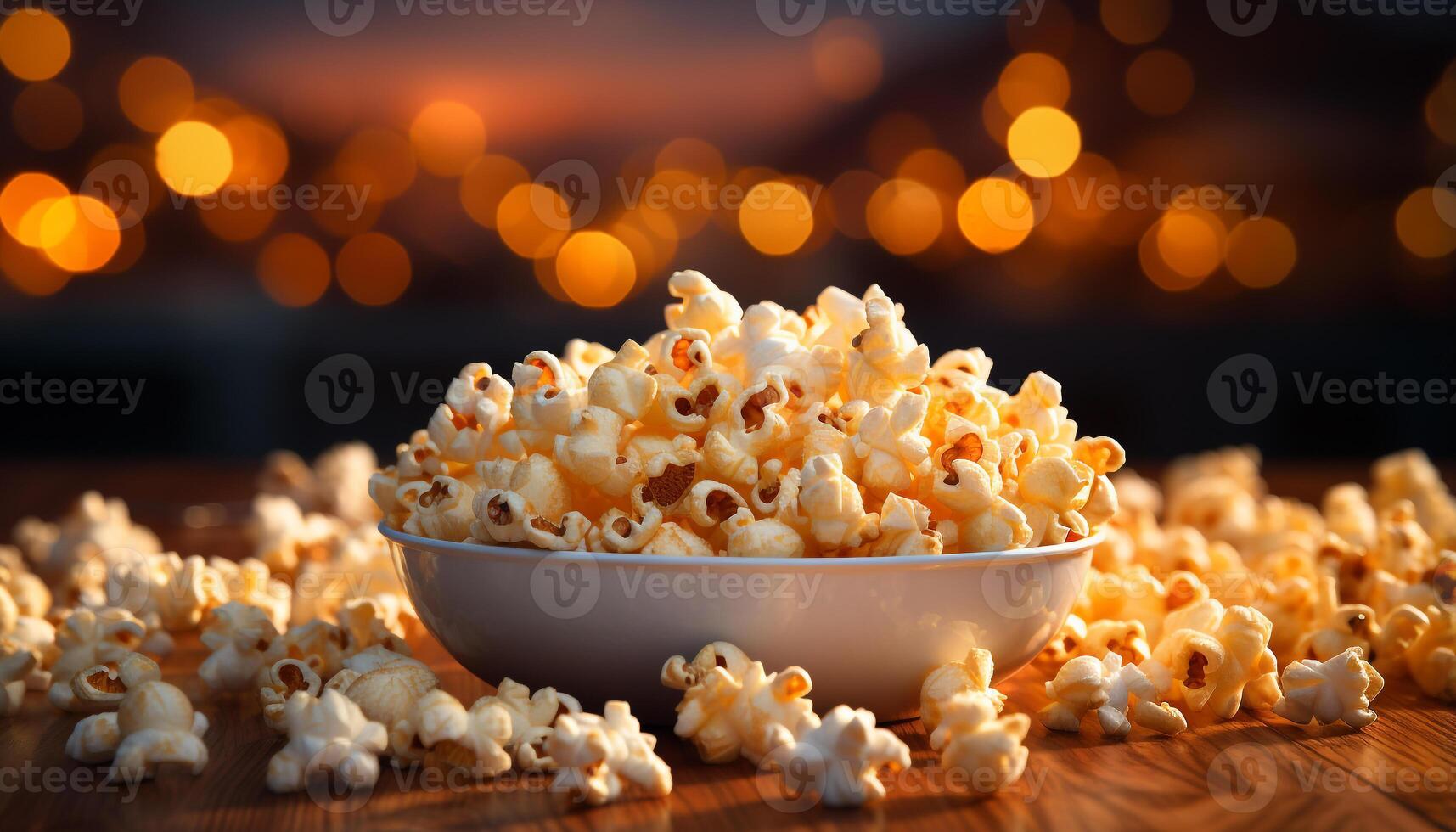 AI generated Fresh popcorn, glowing bucket, watching movie in dark theater generated by AI photo