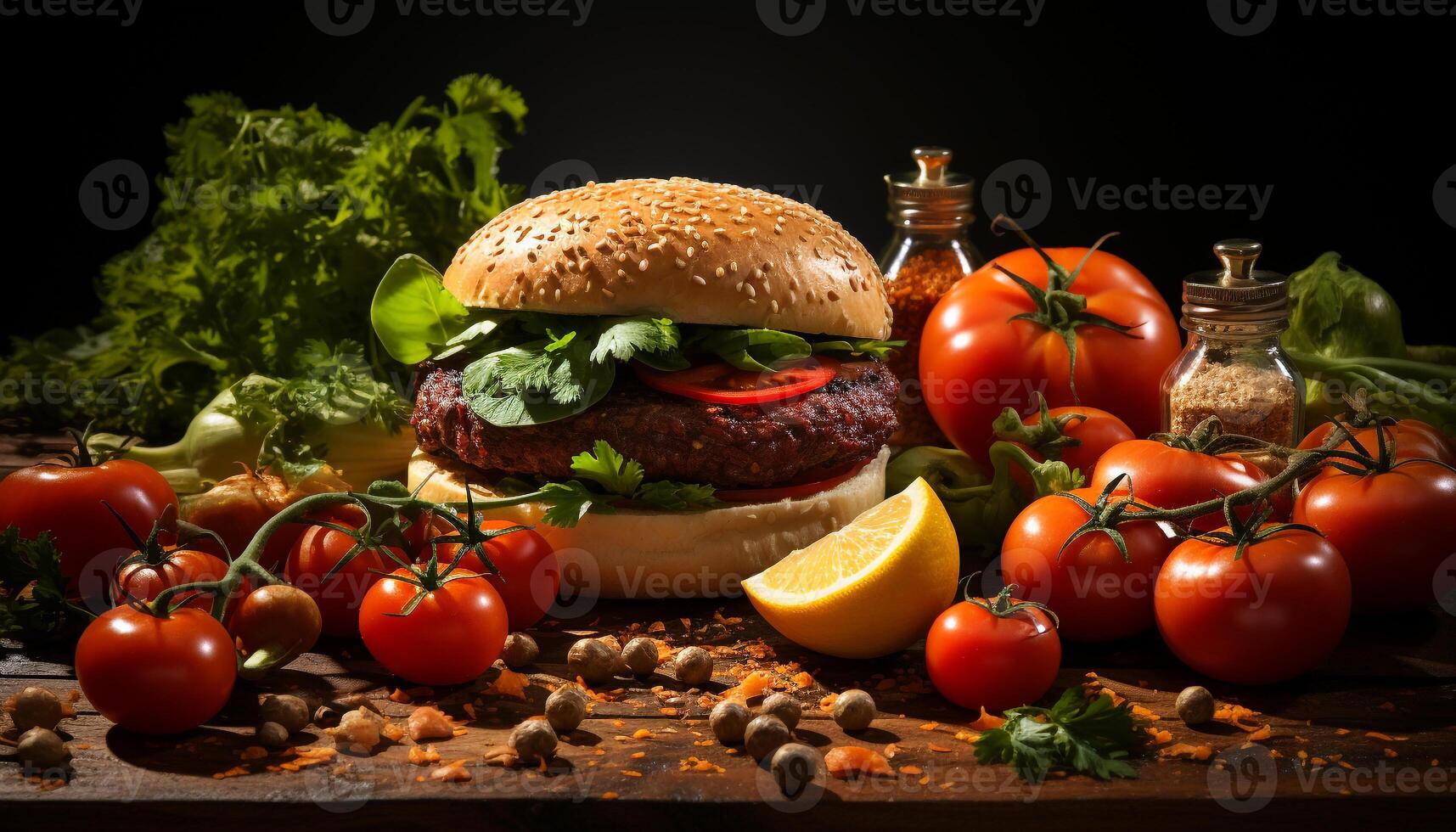 ai generado frescura en un de madera mesa A la parrilla hamburguesa, sano ensalada generado por ai foto