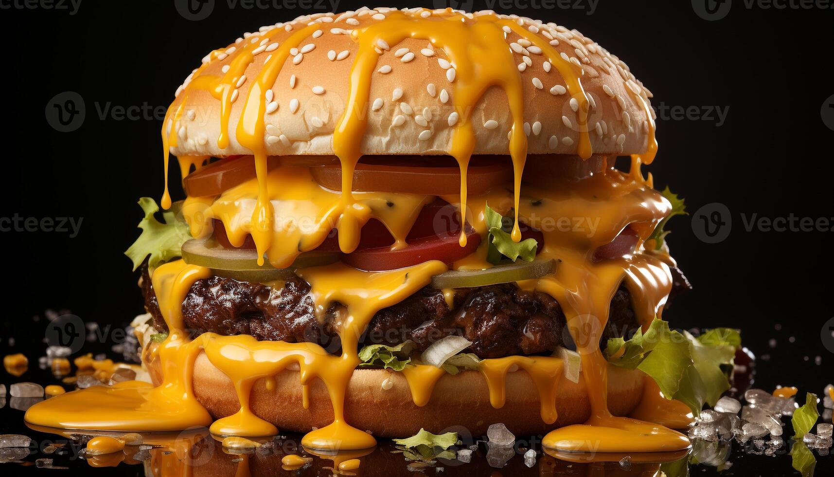 AI generated Gourmet beef burger, grilled meat, cheese, tomato, fresh dessert generated by AI photo