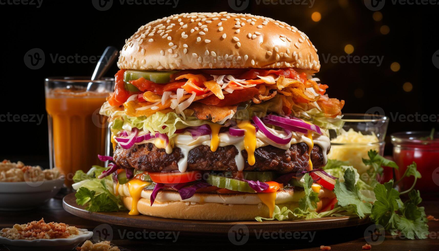 AI generated Grilled burger with cheese, tomato, onion, and fresh bun generated by AI photo