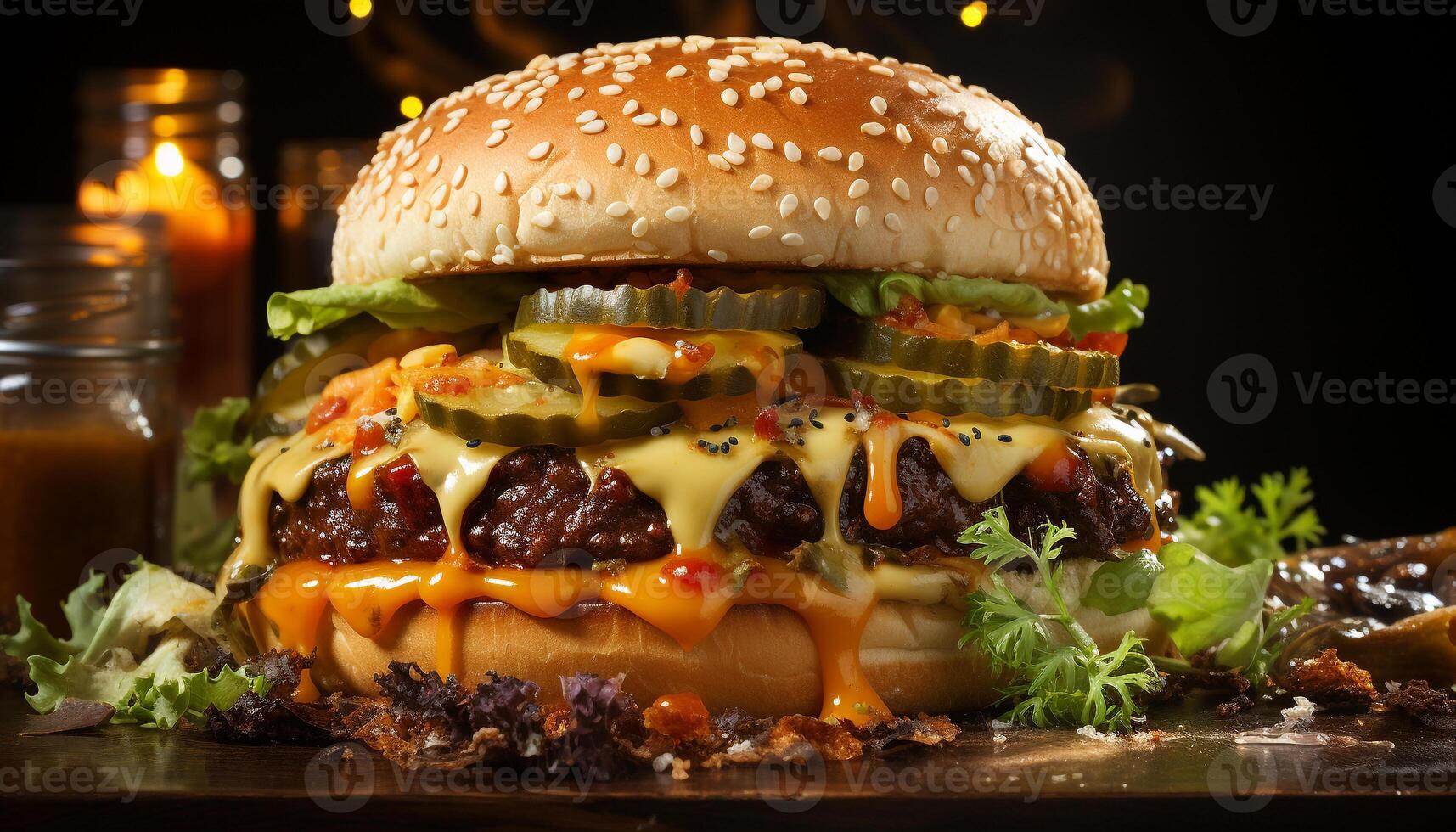 AI generated Grilled gourmet cheeseburger, fresh tomato, onion on sesame bun generated by AI photo