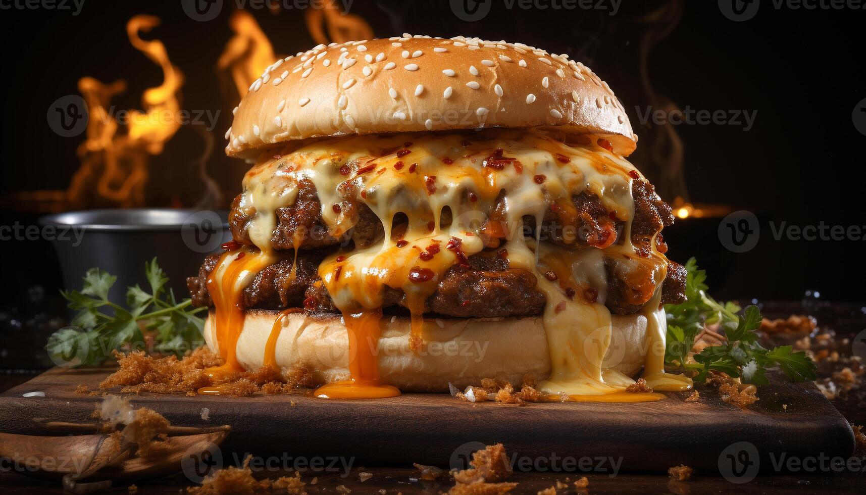 AI generated Grilled gourmet burger on dark bun, melting cheddar, ready to eat generated by AI photo