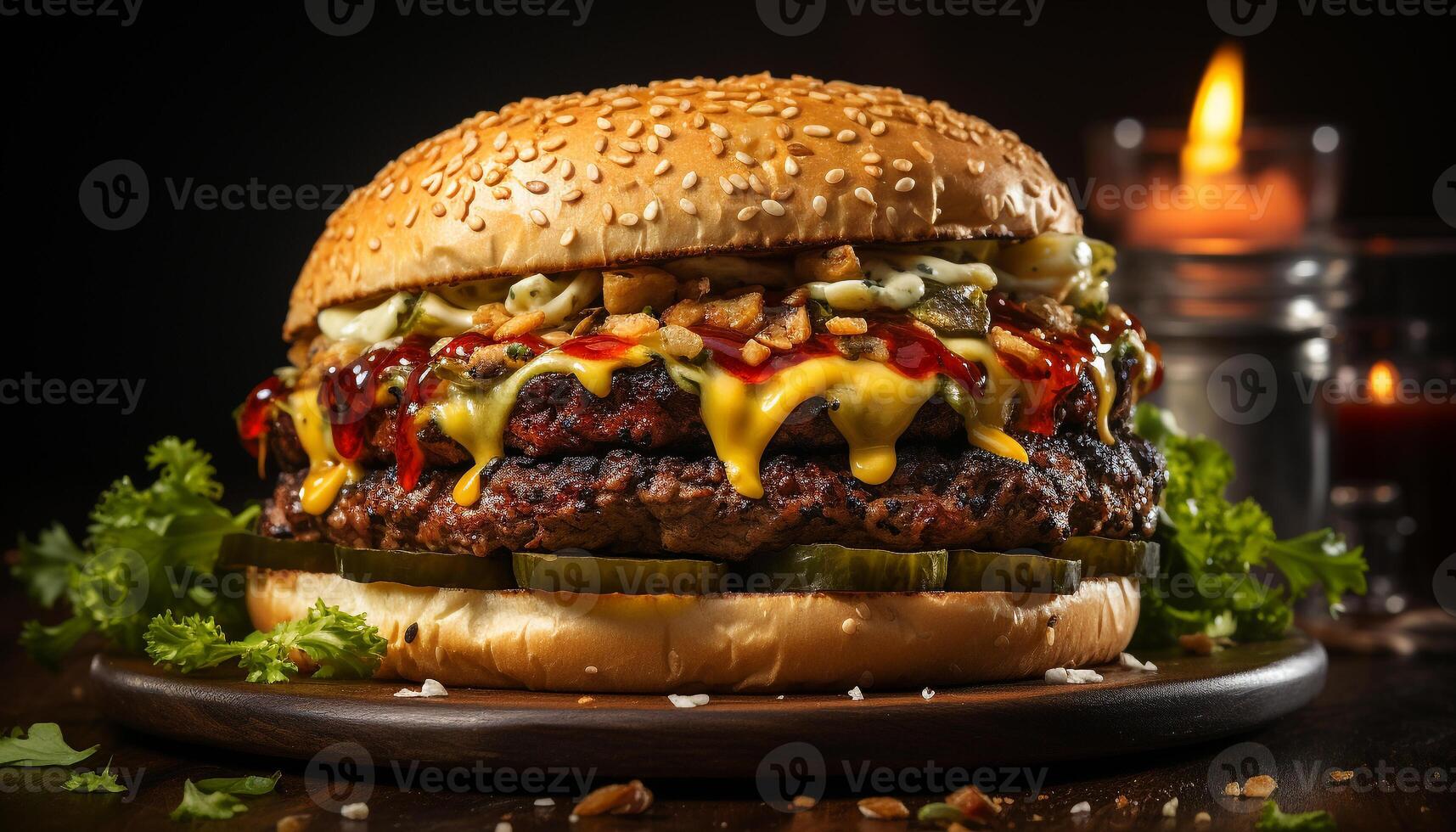 AI generated Grilled gourmet cheeseburger on rustic wooden table, ready to eat generated by AI photo