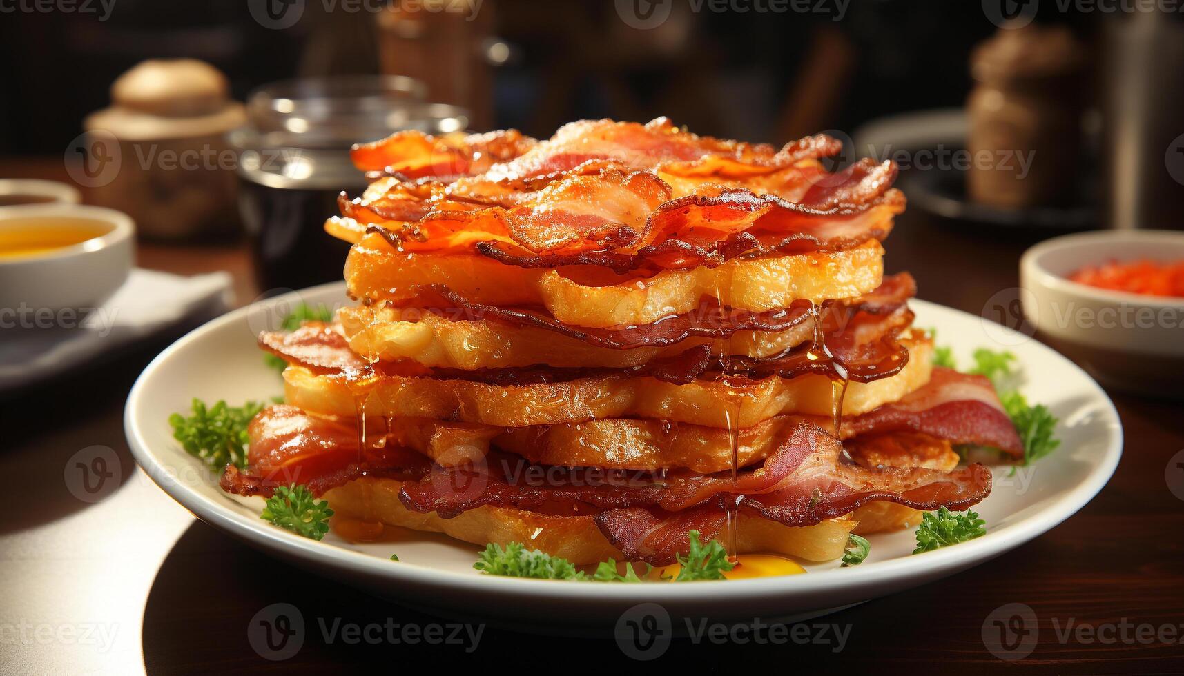 AI generated Grilled pork slice on wooden plate, ready to eat and delicious generated by AI photo