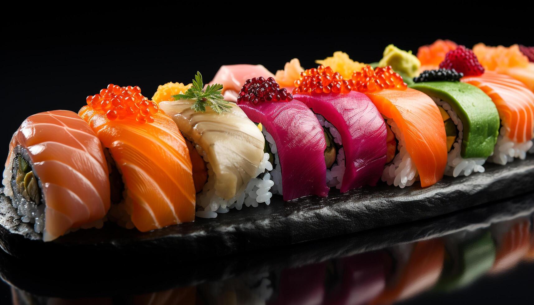 AI generated Freshness on plate sushi, sashimi, nigiri, maki, seafood variation generated by AI photo