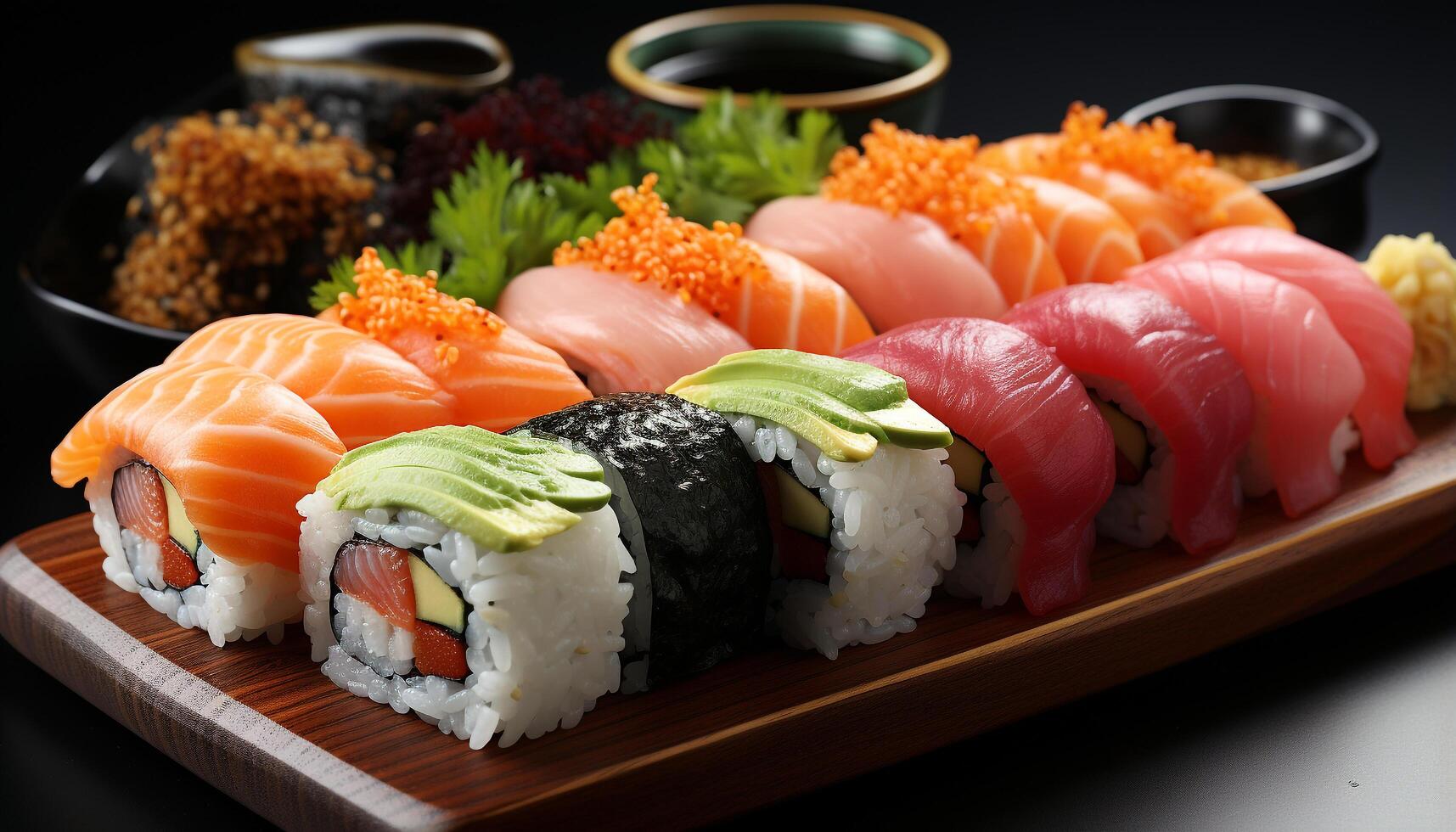 AI generated Freshness on a plate seafood, sashimi, maki sushi, nigiri generated by AI photo
