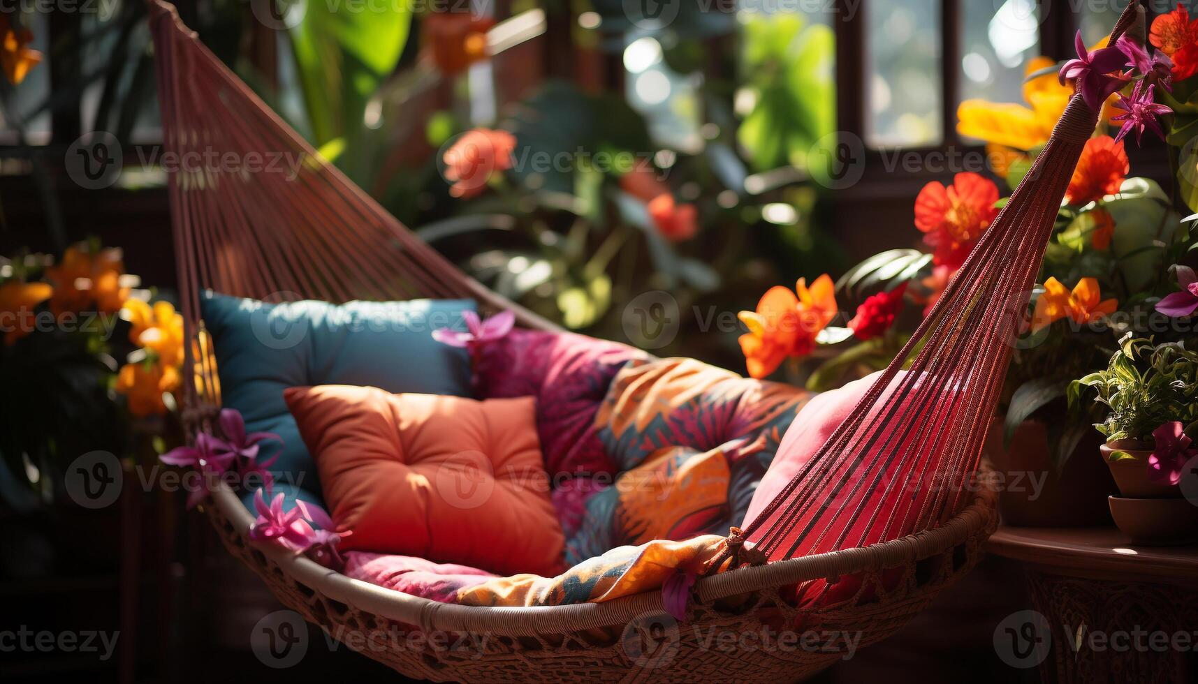 AI generated Comfortable chair indoors, surrounded by nature colorful relaxation generated by AI photo