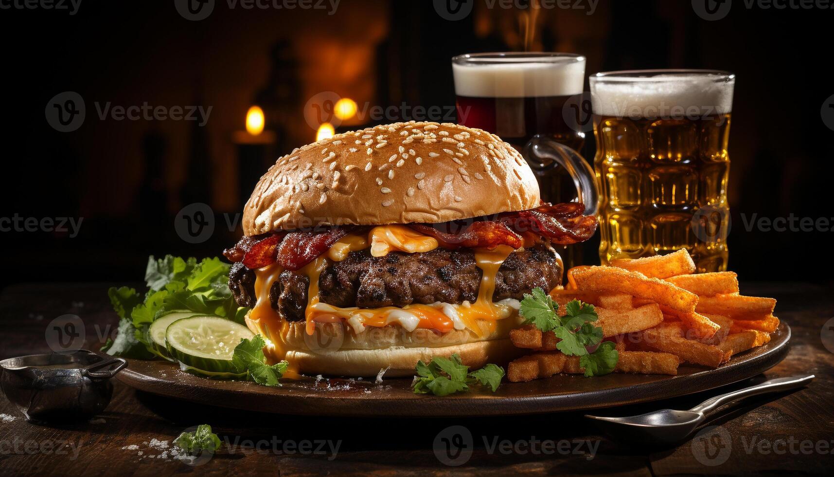 AI generated Grilled beef burger on rustic bread, unhealthy but delicious generated by AI photo