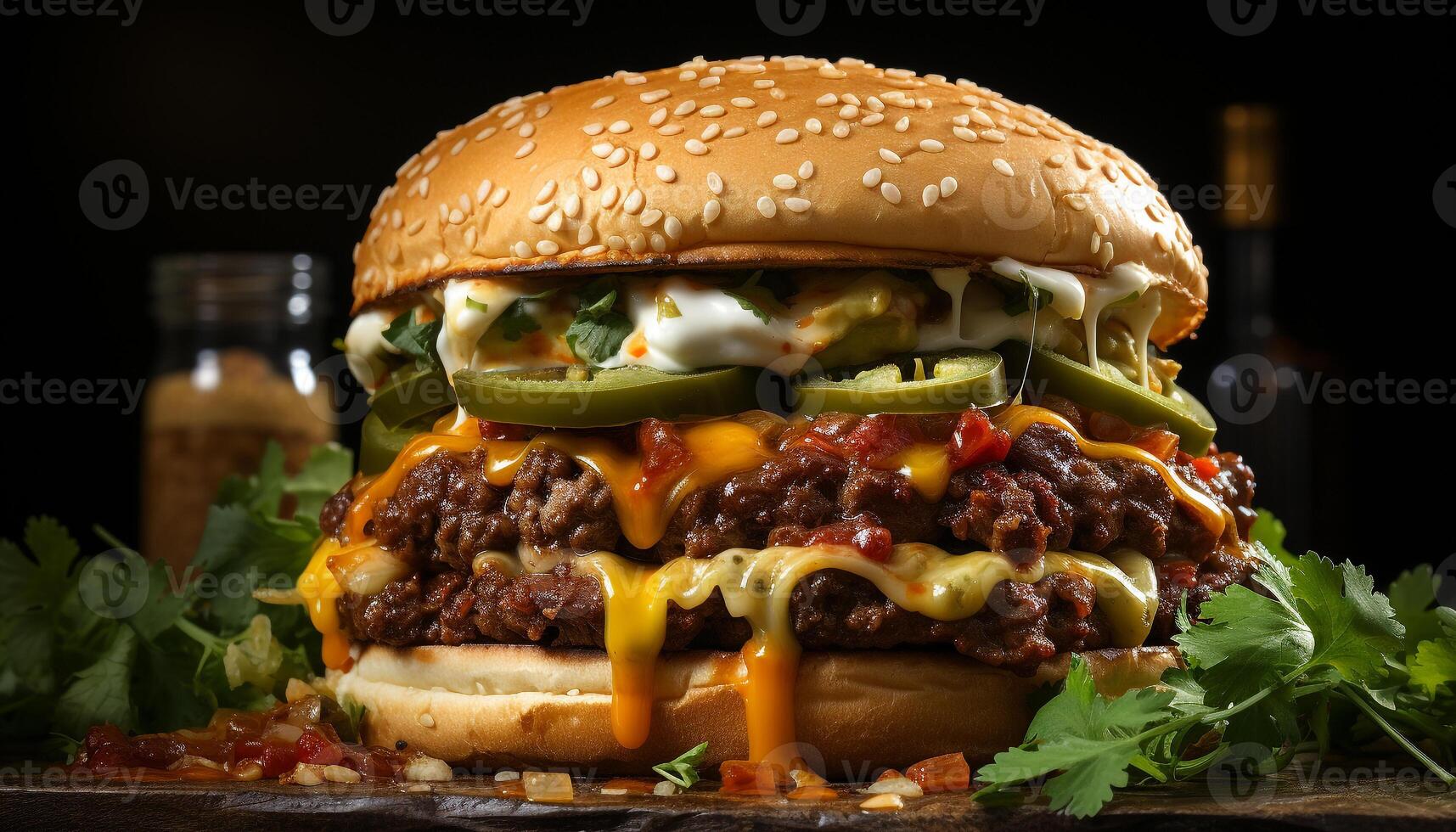 AI generated Grilled gourmet burger with cheese, tomato, and onion on bun generated by AI photo