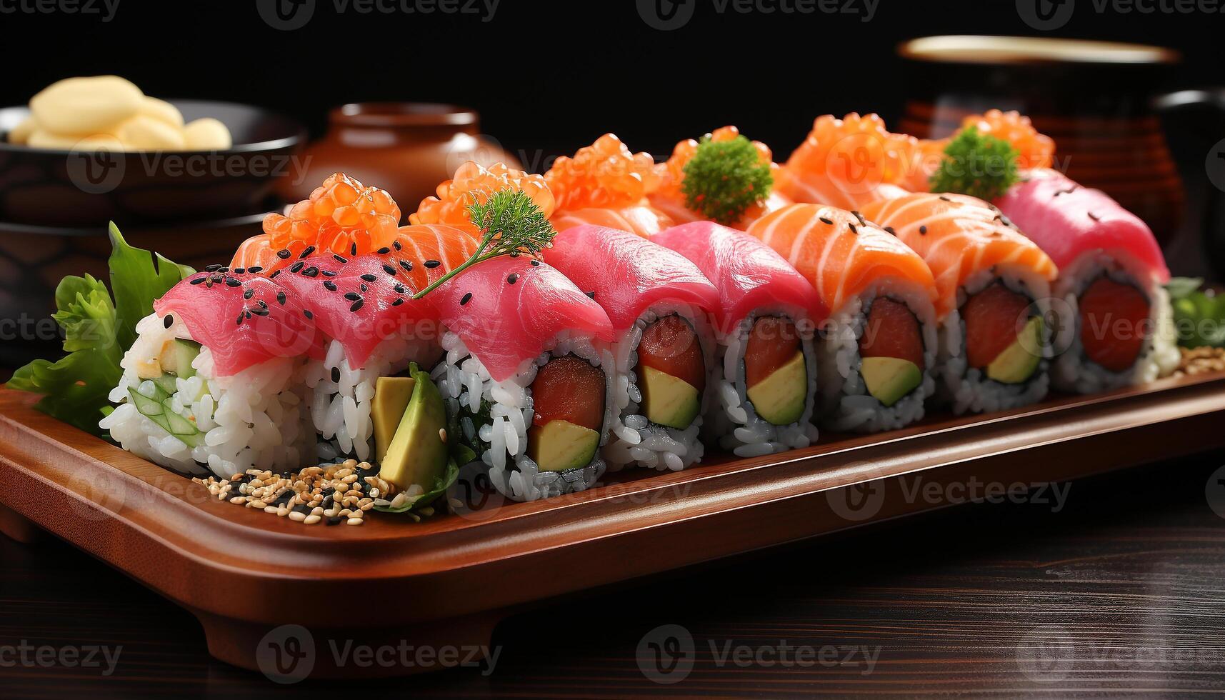 AI generated Freshness on plate sushi, sashimi, seafood, rice, avocado, ginger generated by AI photo