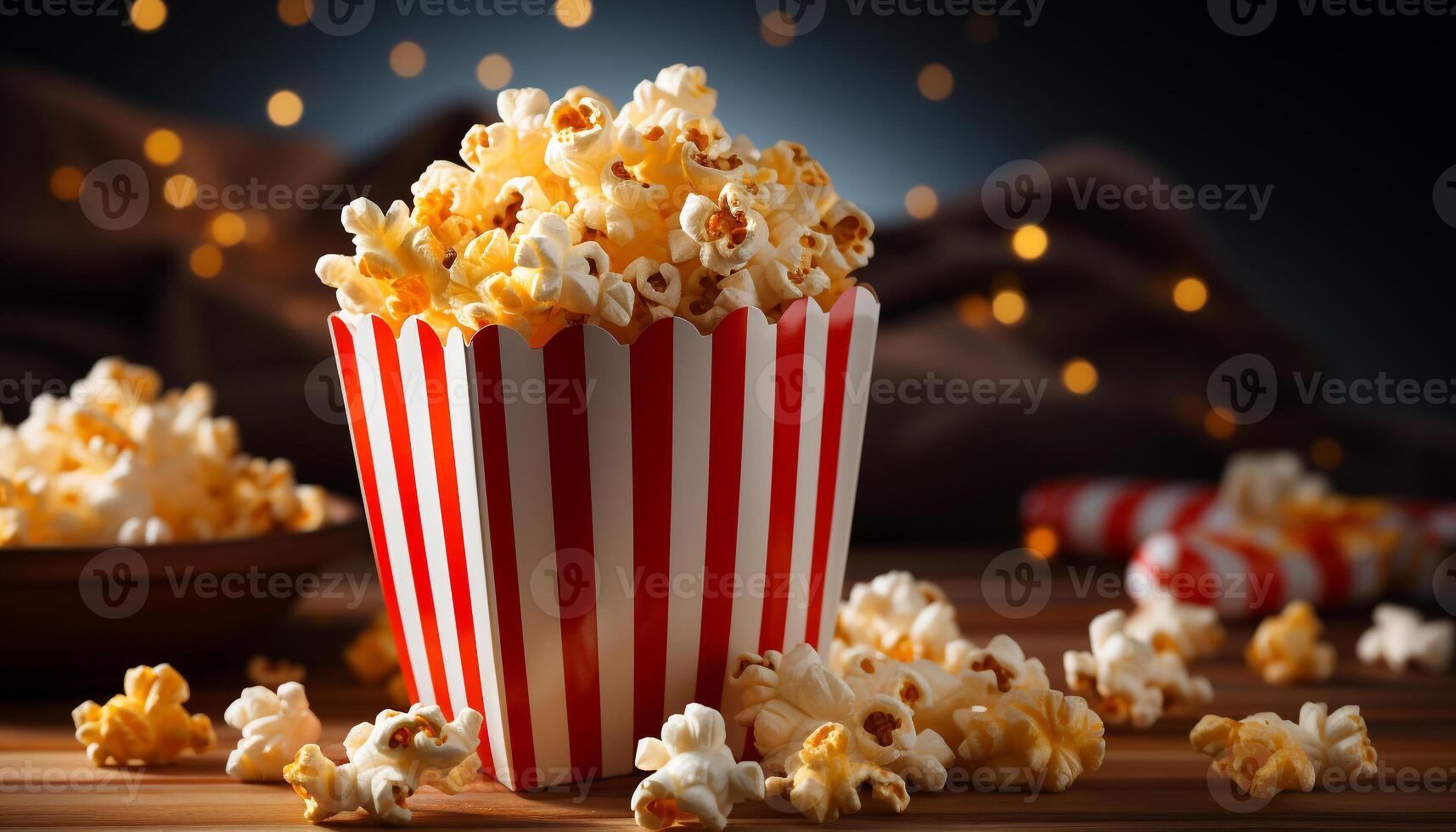 AI generated Fresh popcorn in a striped bucket, perfect movie theater snack generated by AI photo