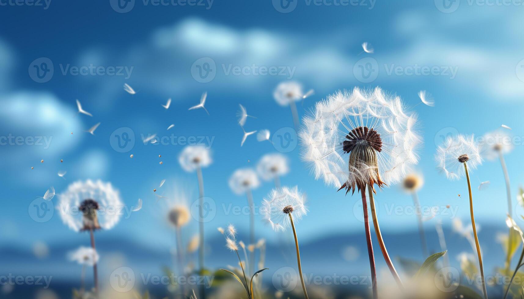 AI generated Fluffy dandelion flying in the meadow, nature fragility showcased generated by AI photo