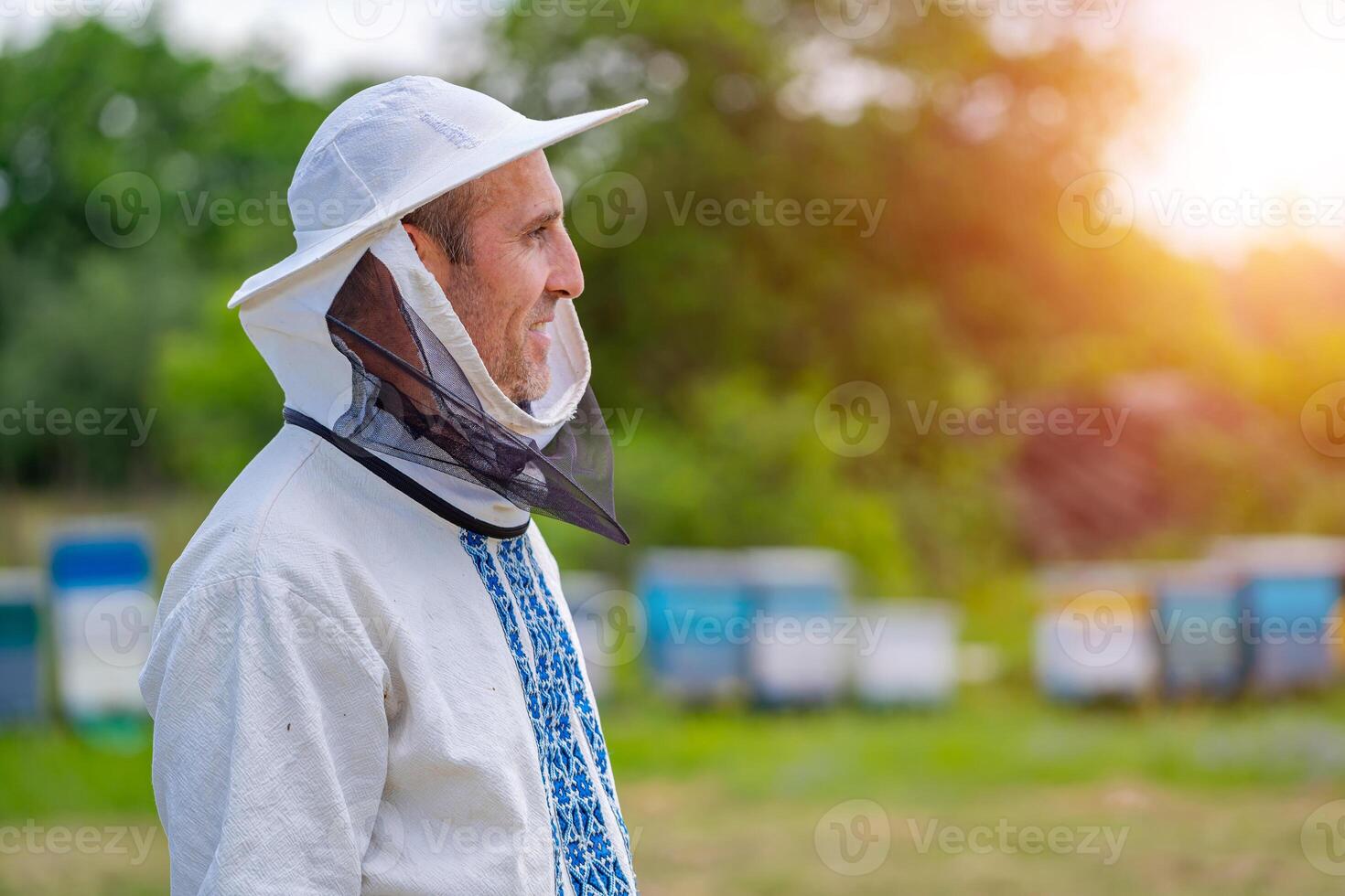 masculino apicultor terminado urticaria antecedentes. protector sombrero. borroso antecedentes. miel y abejas. foto