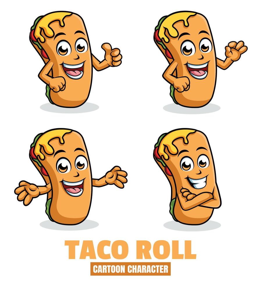 Taco Roll Cartoon mascot character vector illustration set in differnt poses, thumb up, ok, surprise
